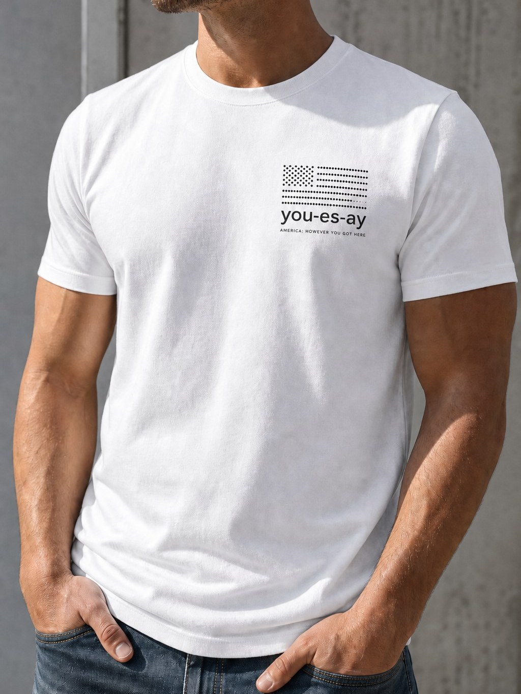 White Origin Tee with Greece to USA on the sleeve